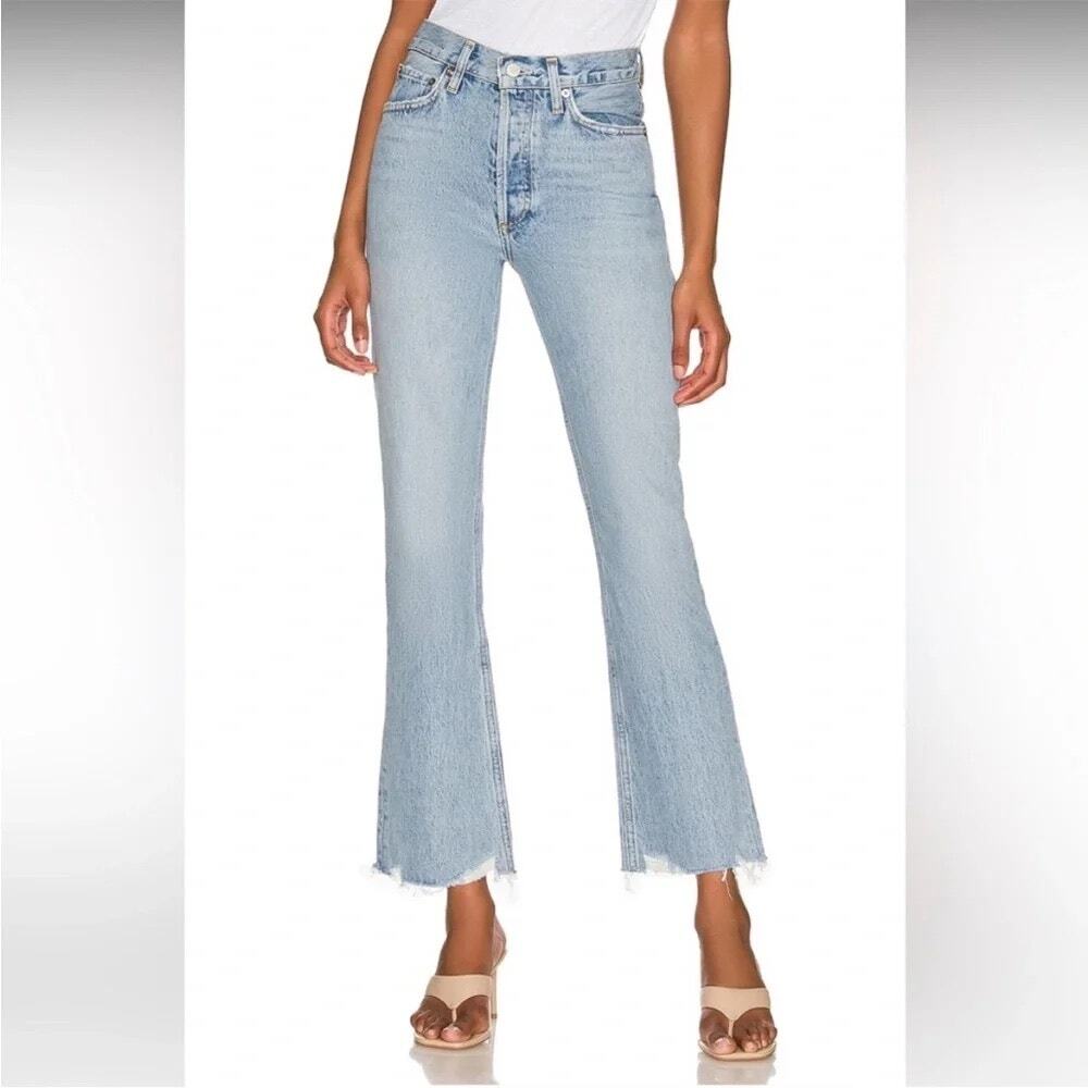 AGOLDE Mid Rise Relaxed Boot Cut Jeans in Curio Distressed Denim Size 27